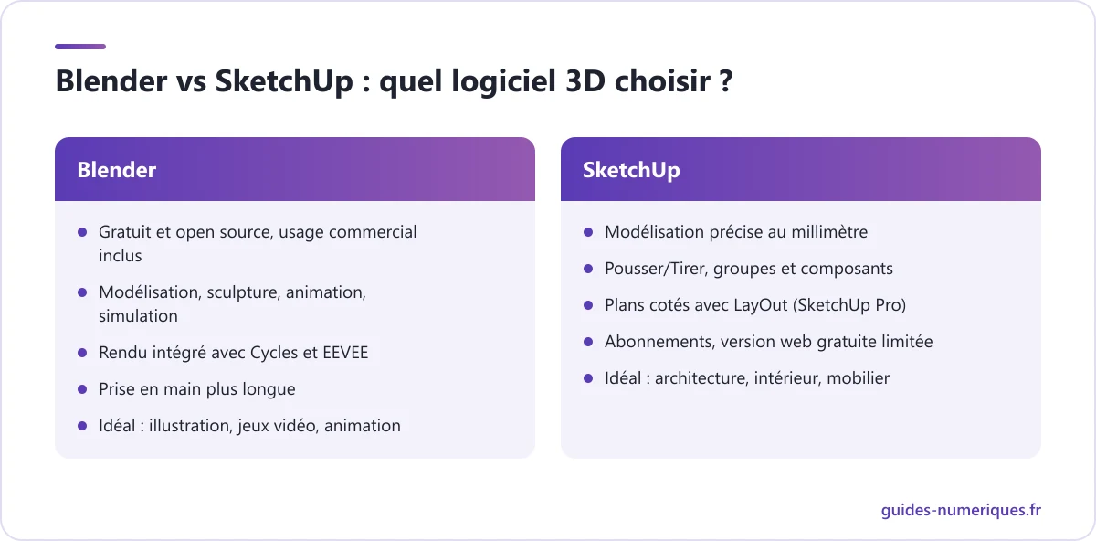 Comparatif Blender vs SketchUp : 3D polyvalente et rendu intégré pour Blender, modélisation architecturale précise pour SketchUp