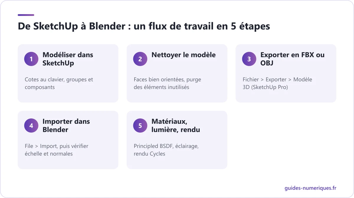 Schéma des 5 étapes pour passer un modèle de SketchUp à Blender, de la modélisation au rendu Cycles