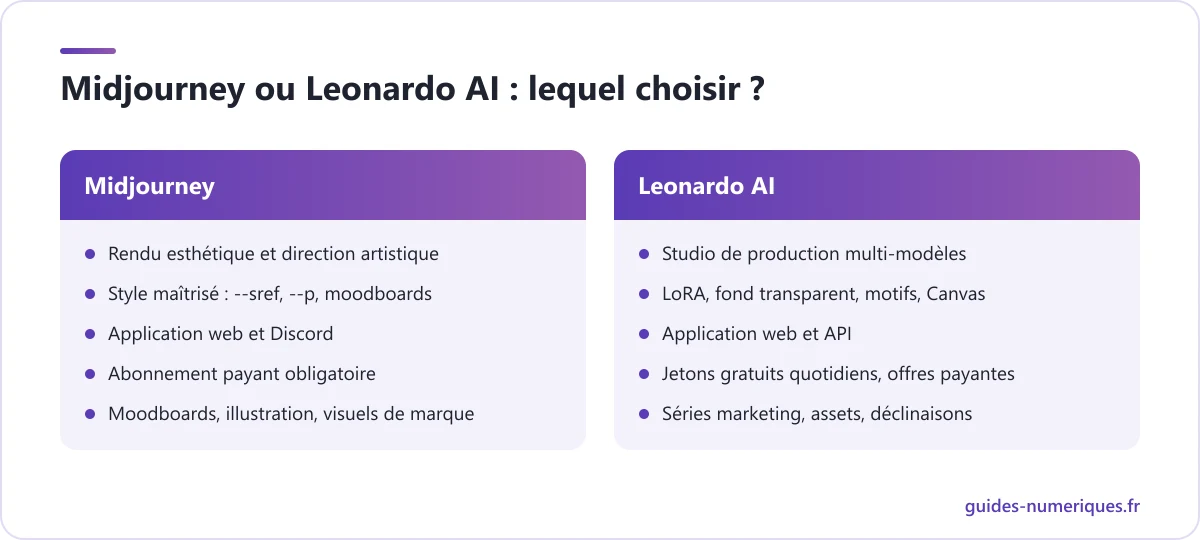 Comparatif de Midjourney et Leonardo AI : qualité d'image, contrôle du style, outils de production, accès et usages idéaux