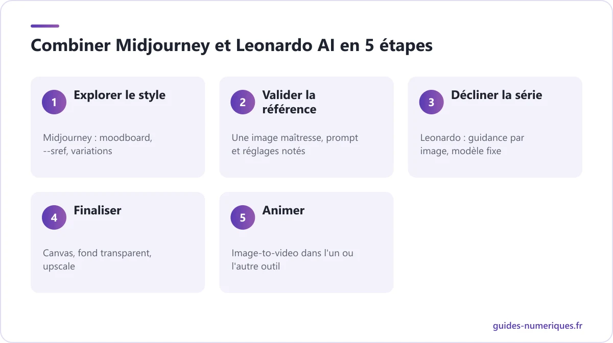 Schéma des 5 étapes d'un flux de travail combinant Midjourney et Leonardo AI, de la direction artistique à l'animation