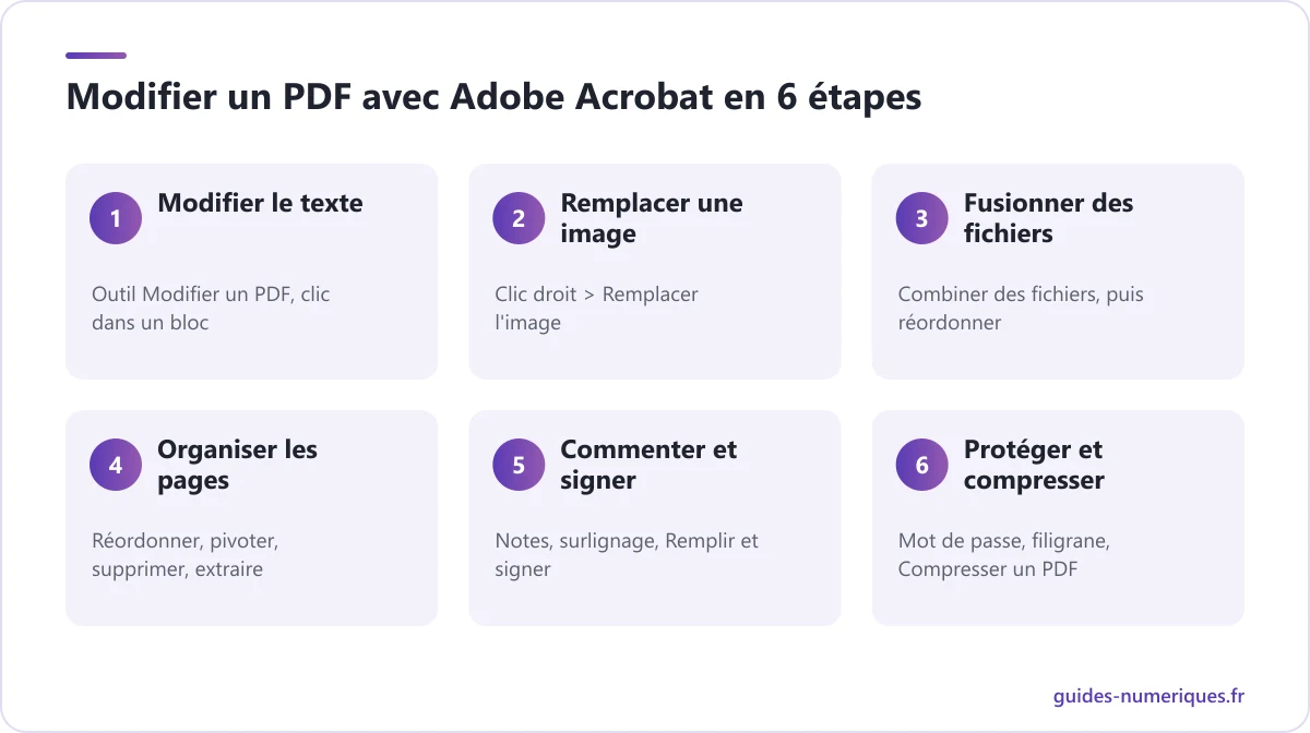 Schéma des étapes pour modifier un PDF avec Adobe Acrobat : texte, images, fusion, pages, commentaires, signature et protection