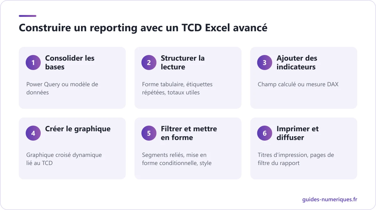 Schéma des étapes d'un reporting avec un TCD Excel avancé : consolidation, structure, indicateurs, graphique, mise en forme et impression